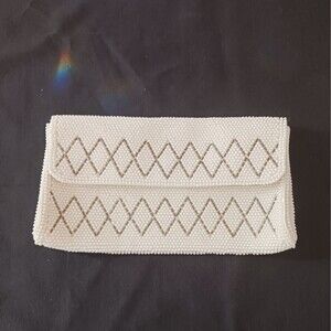 Hand Beaded Faux Pearl Clutch by Emson Small Pouch Purse Japan Creamy Off White